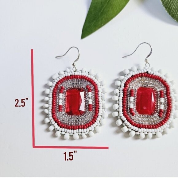 2/$27 | White + Red Beaded Bohemian Indigenous Native Hoop Earrings | Handmade - Picture 6 of 9